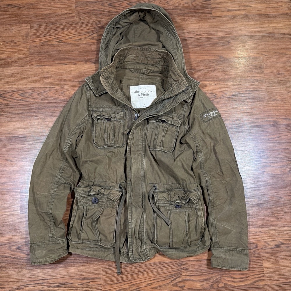 Abercrombie Fitch Military Jacket Men's Large Green Army Field Coat Parka Hooded